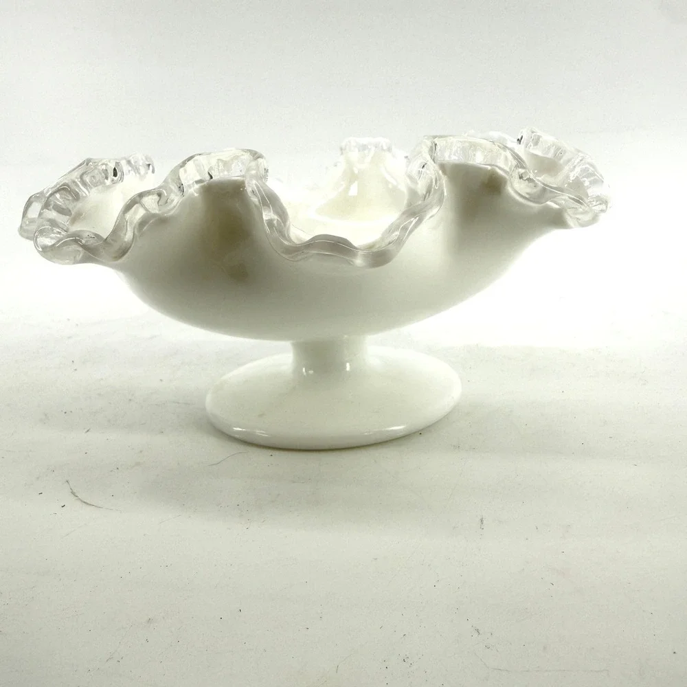 Vtg Fenton Silver Crest Milk Glass Compote Bowl Ruffled Edge Pedestal Candy Dish